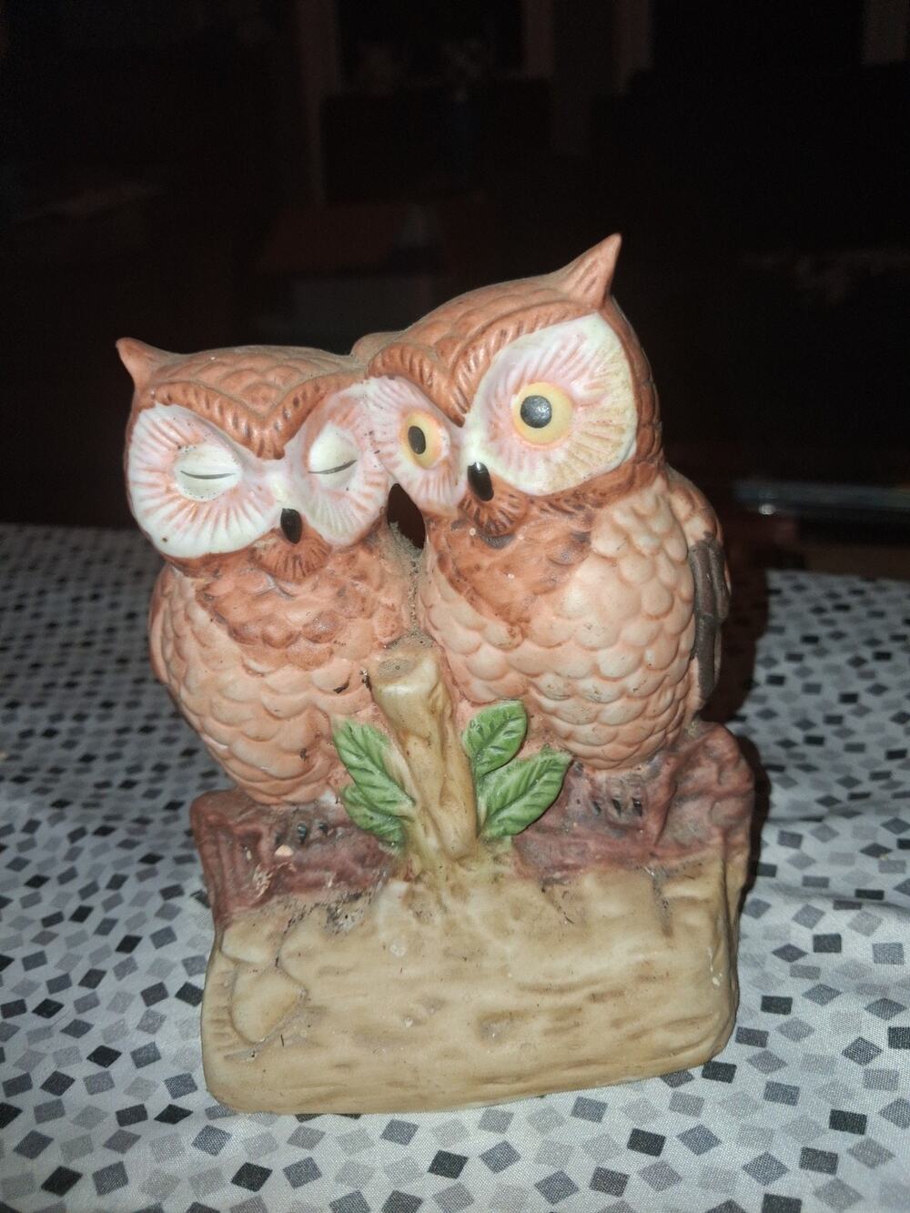 Vintage Owl Pair on a Log Ceramic Figurine 5.5" Tall Fall Decor